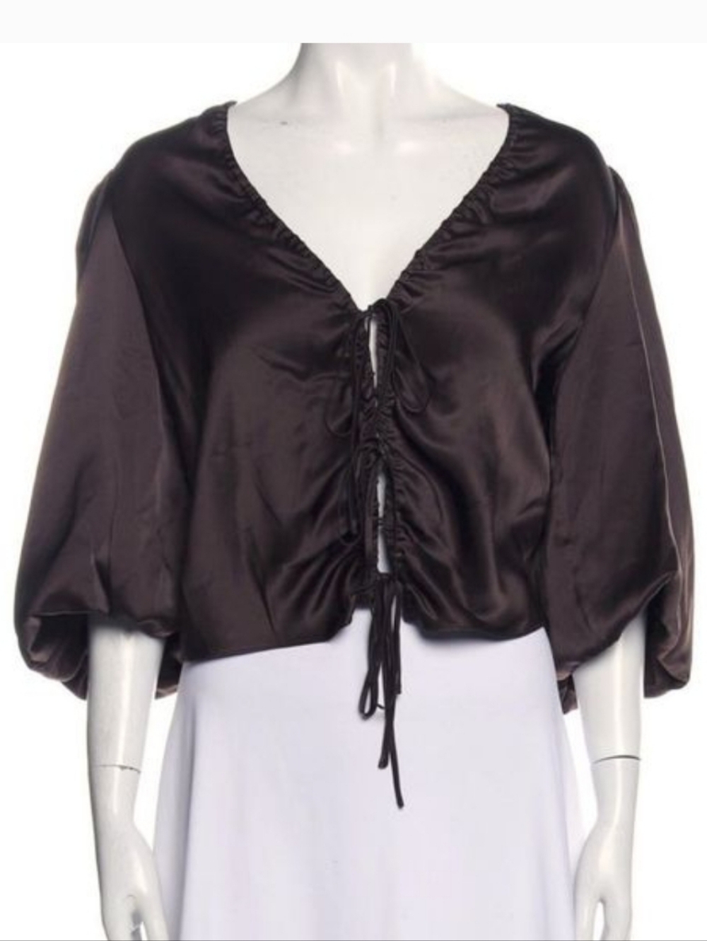 NICHOLAS Brown Silk Drawstring V-Neck Puff Sleeve Blouse